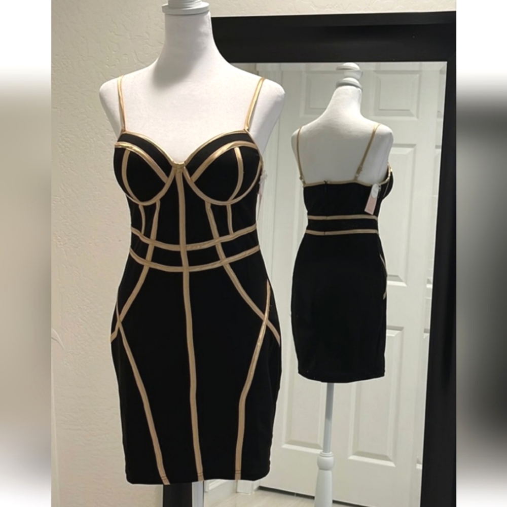 Blashe Women's Size Small Black & Gold Mini Dress Party Event Bandage Bodycon